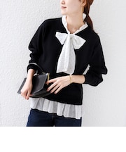 《予約》【WEB限定】〈手洗い可能〉ドット ボウタイ ブラウス レイヤード風 ニット