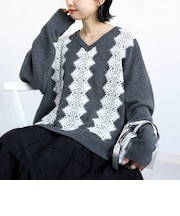《予約》【WEB限定】〈手洗い可能〉アンゴラ混 レース コンビ Vネック ニット プルオーバー