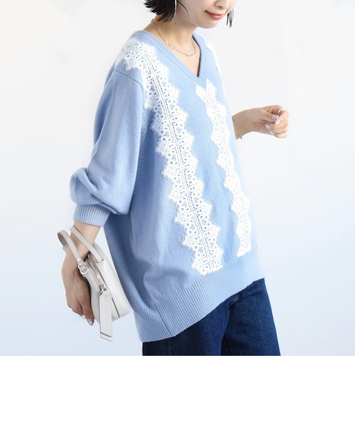《予約》【WEB限定】〈手洗い可能〉アンゴラ混 レース コンビ Vネック ニット プルオーバー