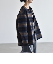 《予約》シャギー チェック ノーカラー ハーフ コート