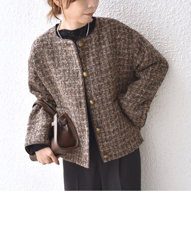 ミックス ツイード ノーカラー ジャコット