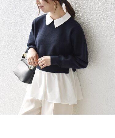 《予約》【WEB限定】〈手洗い可能〉レギュラーカラー シャツ ドッキング ペプラム ニット