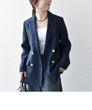 《予約》〈手洗い可能〉グレンチェック テーラード ダブル ジャケット［NAVY BLUE］