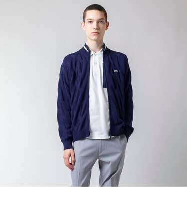 変形ケーブルジップアップコットンニットテニスカーディガン