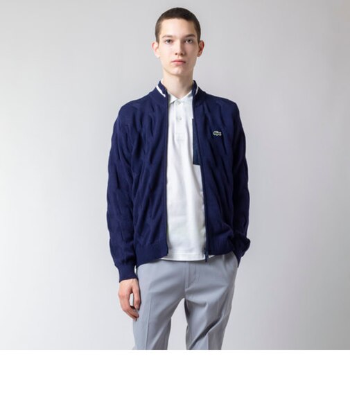 変形ケーブルジップアップコットンニットテニスカーディガン