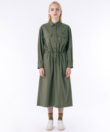 撥水 ウエストドロスト ミリタリーフラップポケットシャツドレス / ロングシャツワンピース