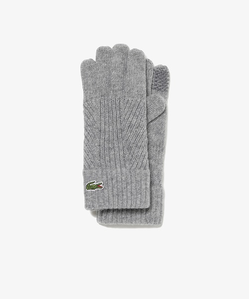ラコステ グレー ウール100% フリンジ付きマフラー&手袋 LACOSTE マフラー ストール ミニマル大判ウールマフラー