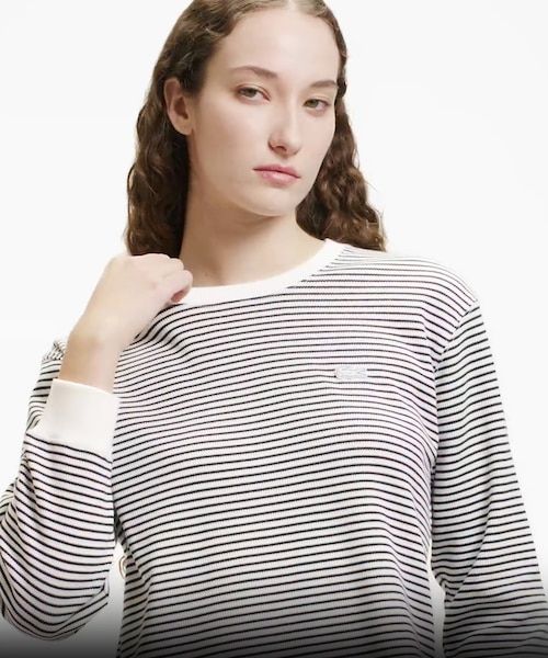ラウンドヘム 配色リブカラー ワッフルボーダーロングスリーブTシャツ