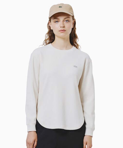 ラウンドヘム 配色リブカラー ワッフルボーダーロングスリーブTシャツ