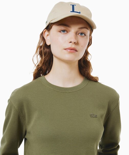 ラウンドヘム 配色リブカラー ワッフルボーダーロングスリーブTシャツ