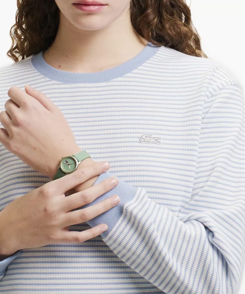 ラウンドヘム 配色リブカラー ワッフルボーダーロングスリーブTシャツ