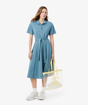 鹿の子地シャツドレス ドレープフレアワンピース