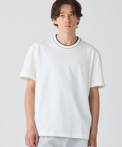 配色ラインドリブネック鹿の子地 半袖Tシャツ