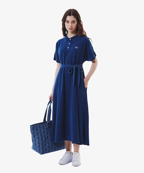インディゴ 鹿の子ポロドレス マキシ丈ワンピース フレア Iライン