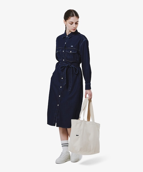 ロングデニムシャツドレス / シャツワンピース ウエストベルト付き