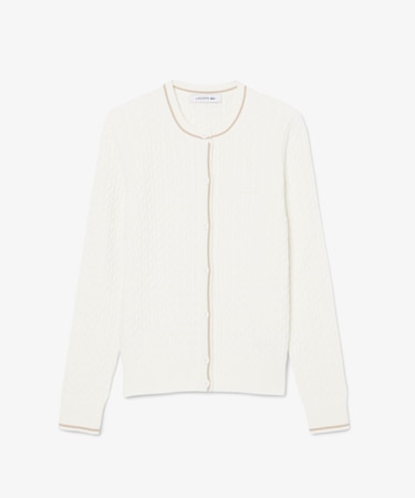 配色ライン入りケーブルニットカーディガン