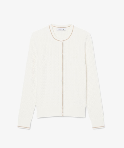 配色ライン入りケーブルニットカーディガン