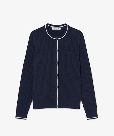 配色ライン入りケーブルニットカーディガン