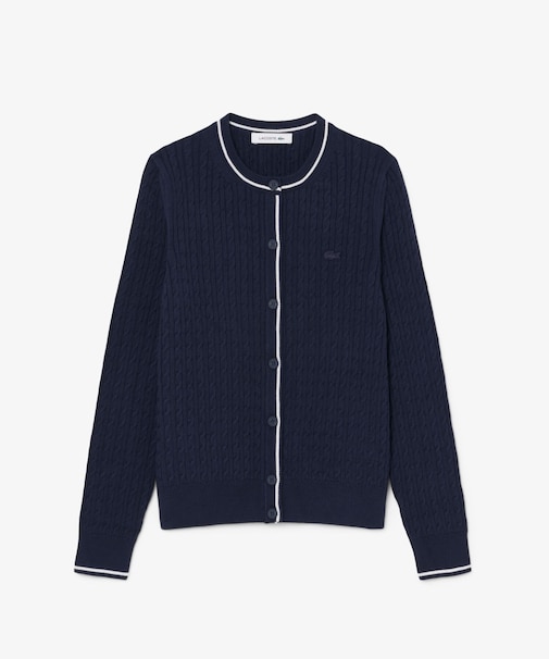 配色ライン入りケーブルニットカーディガン