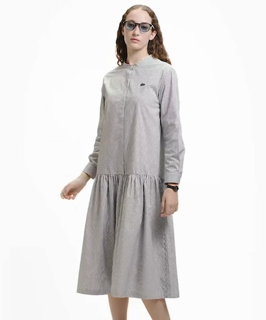 バンドカラーロングシャツドレス / ストライプシャツワンピース