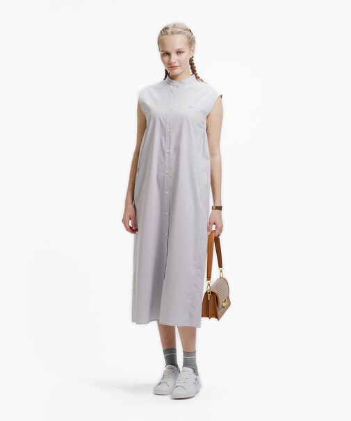 Aラインノースリーブシャツドレス / ミモレ丈シャツワンピース
