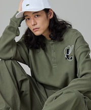 【オンライン限定】LACOSTE オーバーサイズ ワンポイント刺繍ロゴ ヘンリーネック長袖Tシャツ / ワッフルカットソー