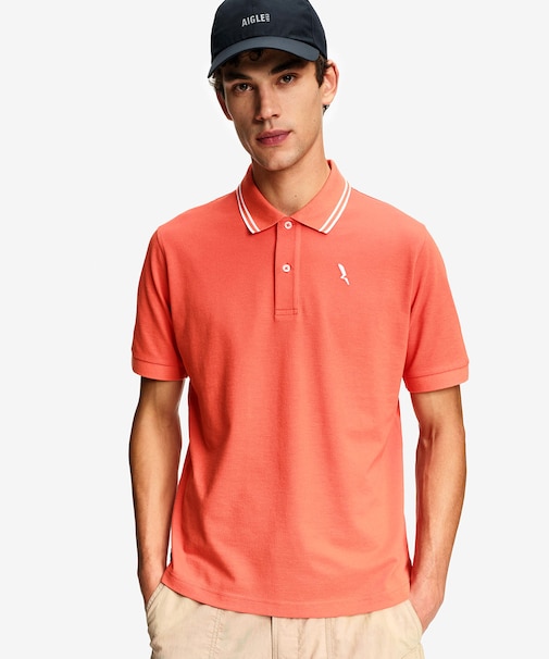 吸水速乾 ワンポイントロゴ刺繍 襟ダブルストライプ ピケポロシャツ