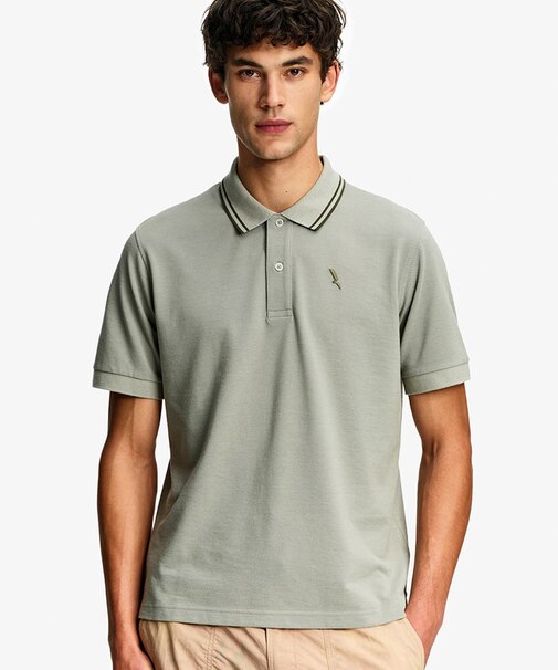 吸水速乾 ワンポイントロゴ刺繍 襟ダブルストライプ ピケポロシャツ