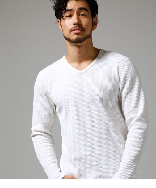 【MEN'S】ヘビーワッフルVネック長袖PO