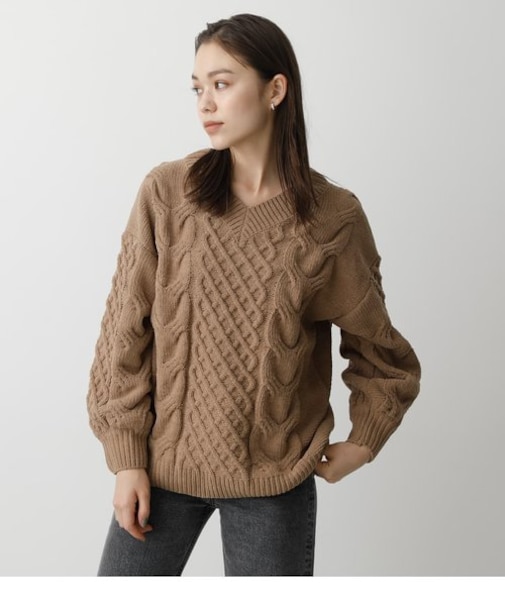 CHENILLE CABLE V／N KNIT TOPS