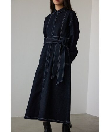 ステッチデザインデニムロングシャツワンピース