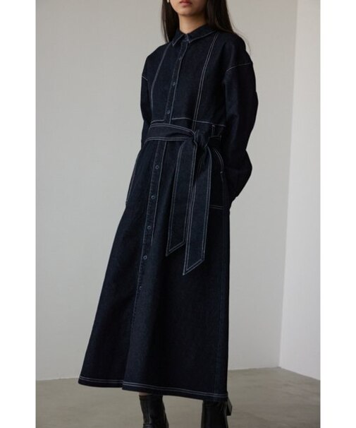 ステッチデザインデニムロングシャツワンピース