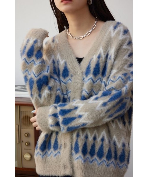 柄シャギーニットカーディガン