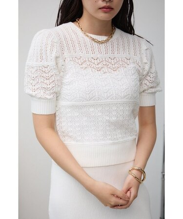 レース半袖ニットトップス