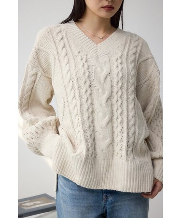 シェニールケーブルVネックロングニットトップス