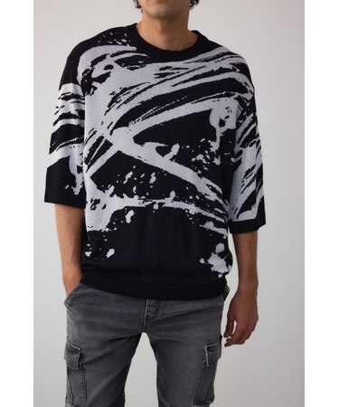 アブストラクトジャガード5分袖ニット