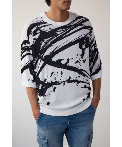 アブストラクトジャガード5分袖ニット