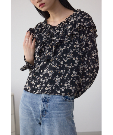 シアーチェックフラワー柄ブラウス