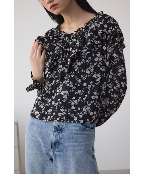 シアーチェックフラワー柄ブラウス