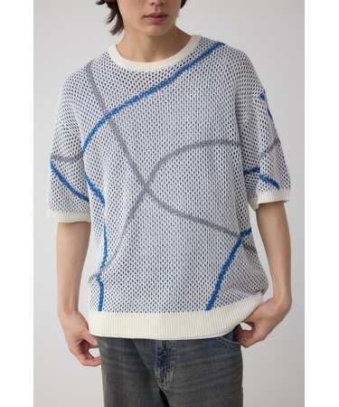 ライン柄クルーネック半袖ニット