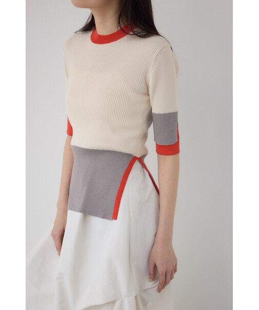 【PLUS】カラーブロッキング5分袖ニット