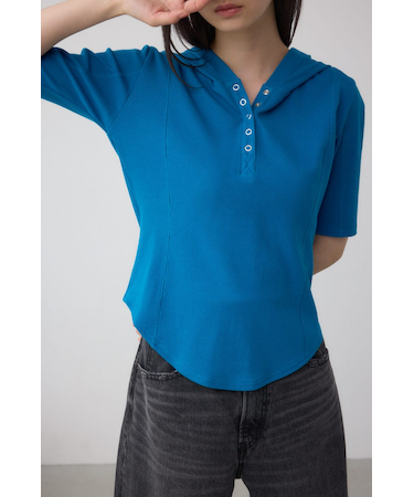 ヘンリーネックフーディーリブトップス