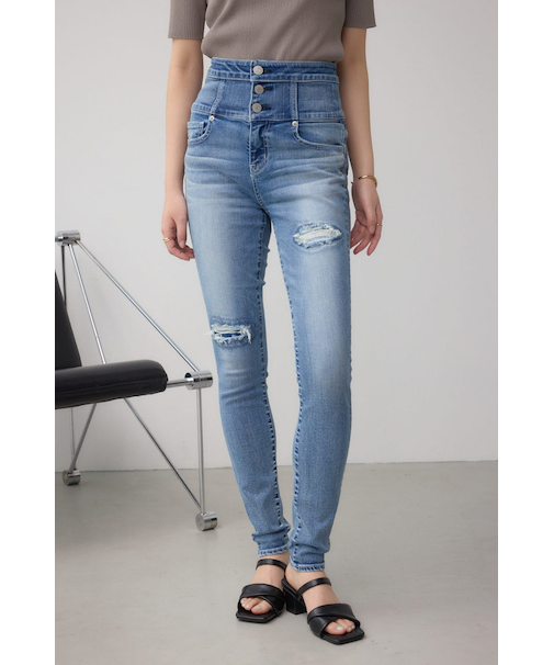 AZUL DENIM ハイウエストボタンリペアスキニー