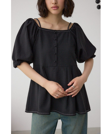 2WAYパフスリーブ配色ペプラムブラウス