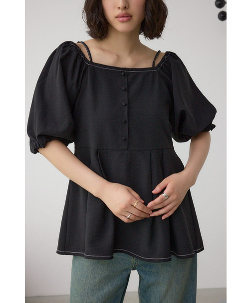 2WAYパフスリーブ配色ペプラムブラウス