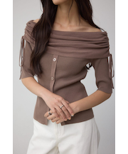 5分袖ギャザーオフショルニットトップス