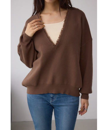 Vネックフリンジスウェッターニット