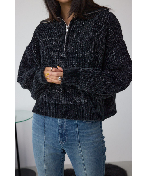 ラメベロアハーフZIPニットトップス