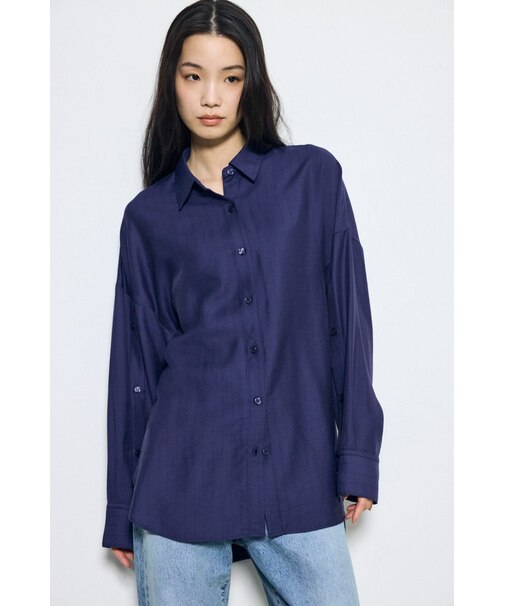 スリーブボタンストライプシャツ