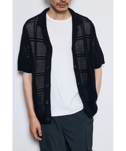 スクエアパターンニットメッシュシャツ